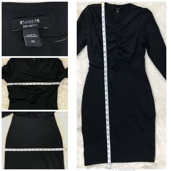 EXPRESS Black Fitted Long Sleeve Cutout Dress Bodycon Ruched Size‎ XS Large New - Picture 9 of 11